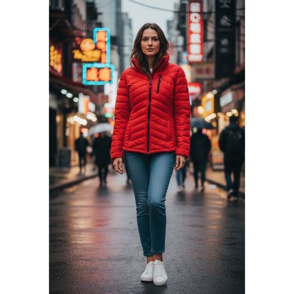 Nautica Womens Red Quilted Puffer Jacket With Black Accents & Zip Front Closure - Picture 2 of 12